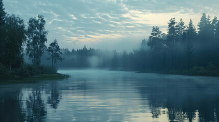 A calm lake with a cloudy sky in the background