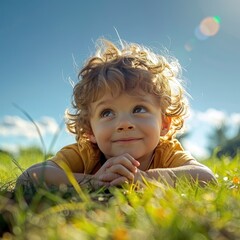 A little boy laying on the grass and inspecting insects on the ground