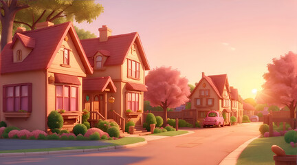 houses on the street Cozy Neighborhood 3D Animated Sunlit Scene in Pink and Gold 