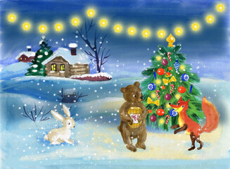 christmas card with bear ,  hare and fox 