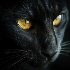 Black cat on black background with bright yellow eyes