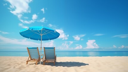 Summer Chairs and umbrellas on tropical sea and beach with blue sky background.