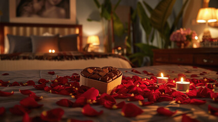 A bed with a heart shaped box of chocolates and a candle on it