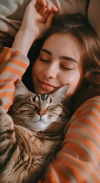 Portrait of a girl sleeping and snuggling with her cat. A wonderful cozy moment between human and animal captured in a vertical video.