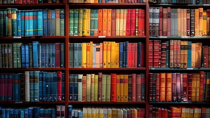 Vibrant Bookshelf Filled with a Colorful Array of Books. Concept Books, Bookshelf, Vibrant, Colorful, Array - obrazy, fototapety, plakaty