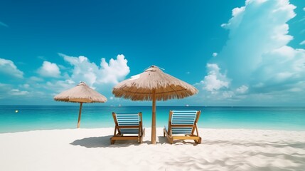 Summer Chairs and umbrellas on tropical sea and beach with blue sky background.