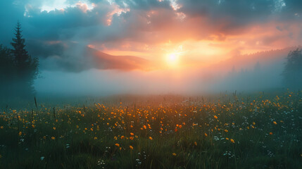  Foggy meadow at sunrise, with wildflowers and dramatic clouds, creating a magical and inspiring landscape. - obrazy, fototapety, plakaty