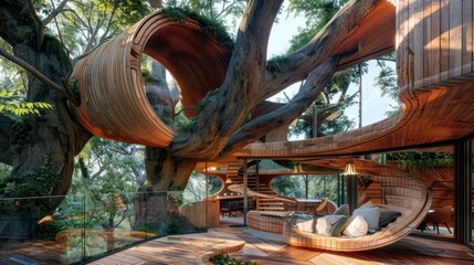A whimsical 3D treehouse with twisting branches and cozy interiors   AI generated illustration