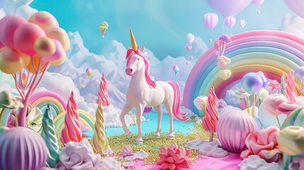 A whimsical 3D unicorn kingdom with rainbow colors and whimsical details AI generated illustration