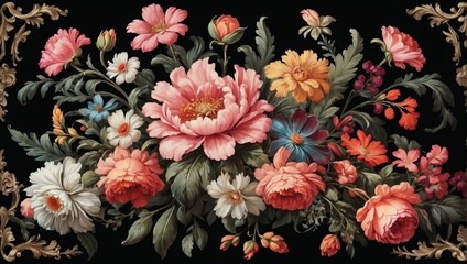 Obraz na płótnie Canvas Retro Floral Arrangement on Black Background. Vintage Charm in Baroque Style.