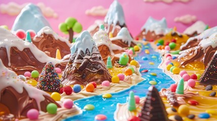 A whimsical dessert landscape with candy mountains and chocolate rivers   AI generated illustration