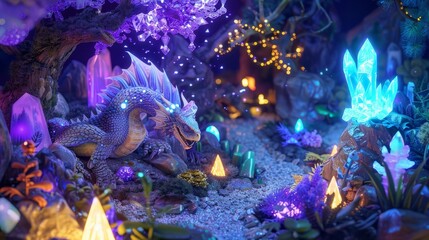 A whimsical dragon lair with shimmering treasures and glowing crystals   AI generated illustration - obrazy, fototapety, plakaty