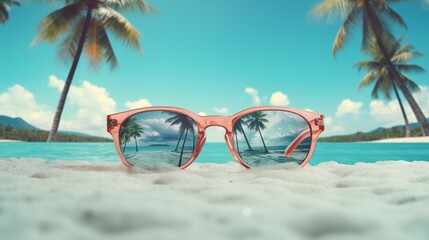 Summer time fun concept design. Creative background of landscape, panorama of sea and beach on sunglasses. Summer sale, post template.
