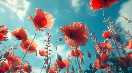 Obraz premium Delicate Red Poppies Clear Blue Sky Contrast