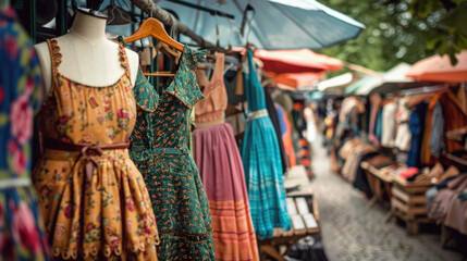 Obraz premium A row of dresses are displayed on a street market
