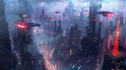 Abstract cityscape with flying cars   AI generated illustration