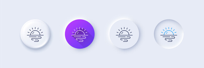 Sunrise line icon. Neumorphic, Purple gradient, 3d pin buttons. Morning sun sign. Sunny weather symbol. Line icons. Neumorphic buttons with outline signs. Vector