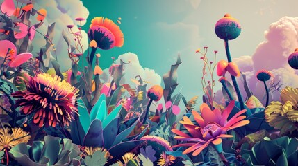 Fototapeta na wymiar Abstract garden with surreal plants and flowers AI generated illustration