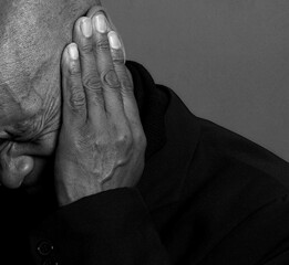 deaf man suffering from deafness and hearing loss on gray background with people stock image stock...