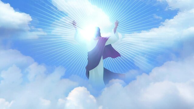 Motion graphics of Ascension Day of Jesus Christ, Jesus Christ raises his hands in divine glory, surrounded by holy light and a beautiful cloudscape, as he ascends to heaven