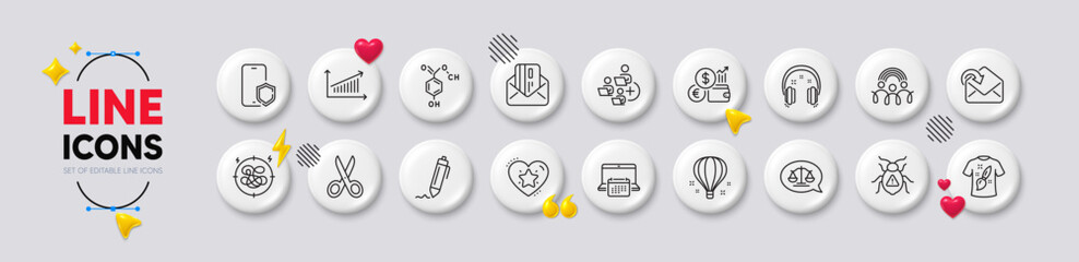 Credit card, Receive mail and Ranking star line icons. White buttons 3d icons. Pack of Calendar, Justice scales, Cut icon. Phone protect, Headphones, Add team pictogram. Vector