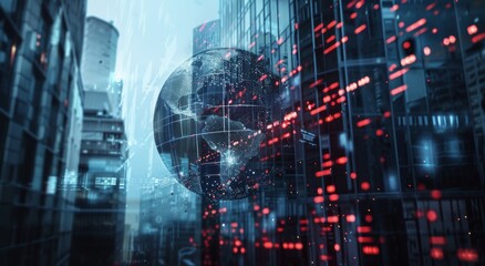 A double exposure of the globe and glass building in an urban setting, symbolizing global business background filled with digital data visualizations representing advanced cyber security Generative AI