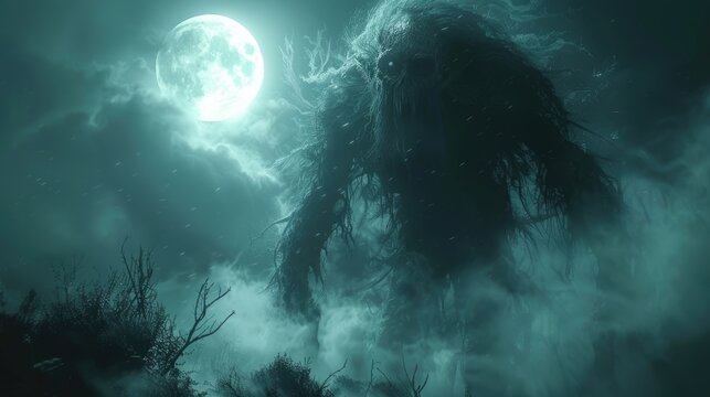 Aswang,a Shape-Shifting Vampire-Like Creature Prowling Through a Misty,Moonlit Forest