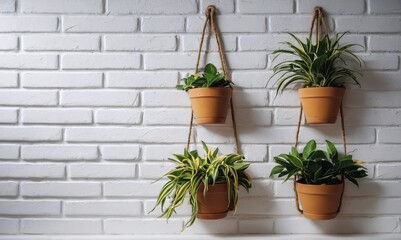 Hanging flower pots on a brick wall