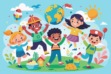 Obraz na płótnie Canvas Happy children's day for international children celebration. Children playing in the park. Vector illustration