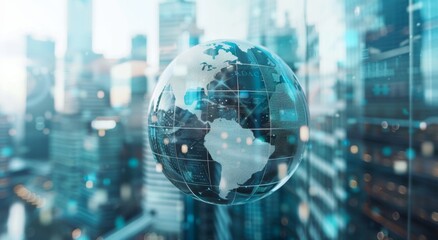 A double exposure of the globe and modern office buildings with glass facades, symbolizing global business representing online business in a contemporary marketing, advertising Generative AI - obrazy, fototapety, plakaty