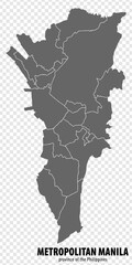 Blank map Metro Manila of Philippines. High quality map National Capital Region with districts on transparent background for your web site design, logo, app, UI.  Republic of the Philippines.  EPS10.
