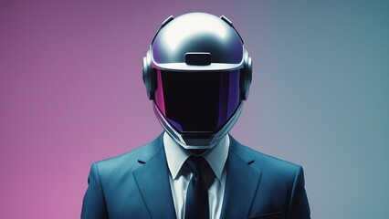 Man in suit, jacket and moto helmet. Futuristic style on purple background