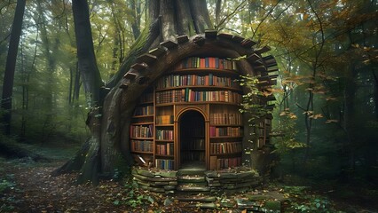 Enchanting forest conceals ancient tree library filled with books on shelves. Concept Fantasy, Forest, Ancient, Library, Books - obrazy, fototapety, plakaty