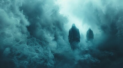 A group of people walking through a dense fog their faces obscured as they seem to disappear into the dreamlike atmosphere.