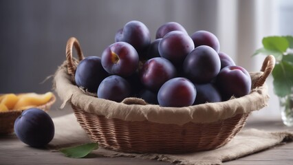 Harvest. Blue plums. Fresh plums on a wooden surface. Fresh plums on wooden table background.
