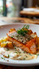 An elegant dish in a luxury restaurant with salmon and potatoes with a white cream sauce on top. Special salmon gourmet cuisine with blurred background of fancy restaurant.
