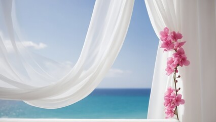 Wedding background with bouquet of flowers beach view with ocean