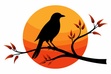 Bird Silhouette on Sunset Branch Vector Illustration for Wall Art & Posters white background