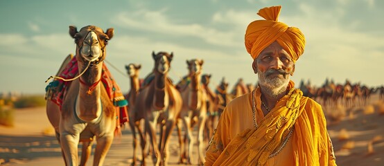 indian rich man leading group of camels in the desert, wearing colorful and turban. AI generated illustration