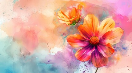 Watercolor rendition of vibrant cosmos flower Contemporary digital artwork resembling hand painted watercolors