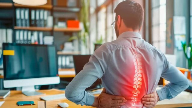 Young man holds his lower back while sitting at his workplace. Fatigue at work. Back and lower back pain with chondrosis. Medications joint pain. Sedentary lifestyle in office. Depression and fatigue