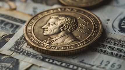  Andrew Jackson Coin on US Dollar Bills Background - obrazy, fototapety, plakaty