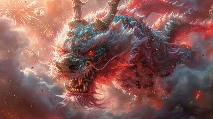 Fierce Nian,the Legendary Chinese New Year Monster,Unleashing Fiery Energy Amidst Vibrant Fireworks and Lanterns - obrazy, fototapety, plakaty