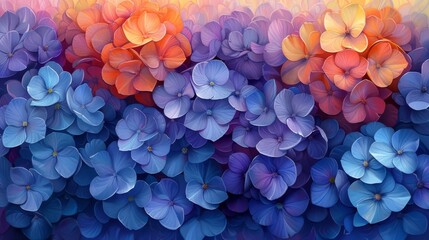   A painting featuring blue, orange, and purple flowers with a red center and a separate yellow center