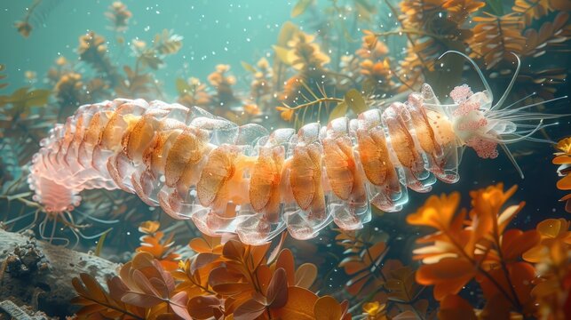 Graceful Polychaete Larvae Drifting Through Serene Underwater Seascape with Muted,Earthy Tones Evoking Natural History