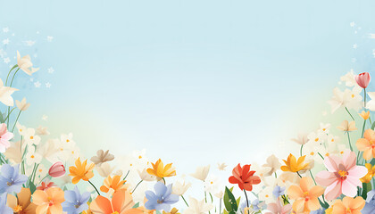 Fototapeta na wymiar Delicate spring flowers in pastel hues bordering a gentle blue background, perfect for a fresh. Generative AI 