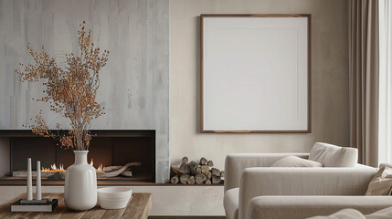 Within a modern living room, a white empty framed artwork hangs above a sleek fireplace against a backdrop of neutral tones, while a wooden table nearby features a white ceramic vase .