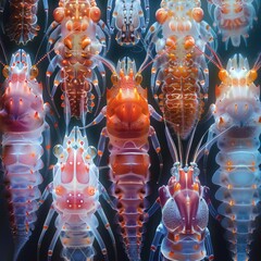Highly Detailed Micrograph of Diverse Microscopic Crustaceans in Striking Abstract Composition Emphasizing Intricate Textures,Forms and Patterns