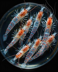 Hypnotic Swarming Microscopic Crustaceans in a Petri Dish,Captivating High-Speed Photographic Capture of Intricate Patterns and Motion in a Technical