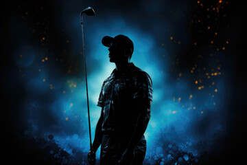 silhouette of a man in a baseball cap holding a golf club on a dark blue background
